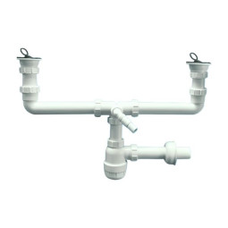 MRSK5 Сифон бутылочный (1 1/2"х40мм) для 2-х раковин с выпусками (70мм нержавеющие решетки), пробка